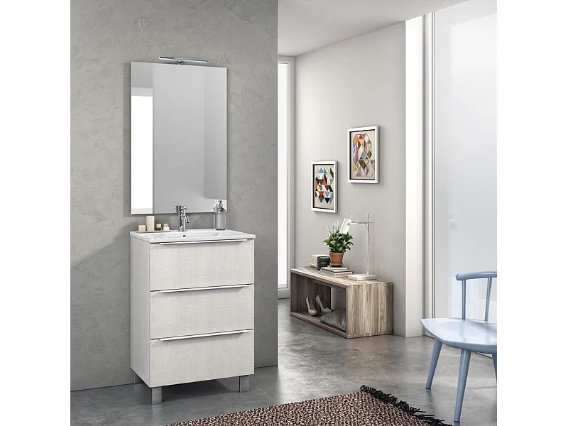 Ensemble meuble de salle de bain 3 tiroirs bois blanc et miroir lumineux Malo L 60cm