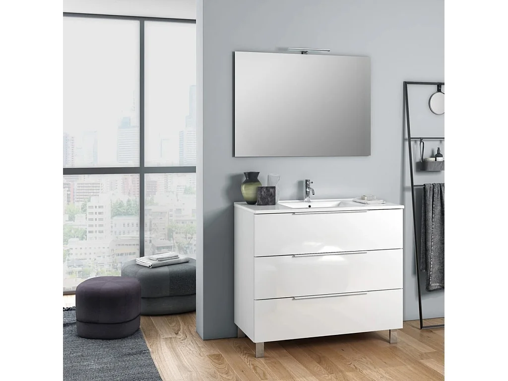 Ensemble meuble de salle de bain 3 tiroirs laqué blanc brillant et miroir lumineux Malo L 100cm