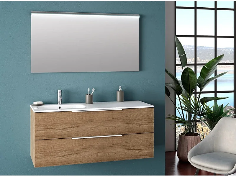 Ensemble meuble de salle de bain 2 tiroirs chêne clair et miroir à LED Mola L 120cm