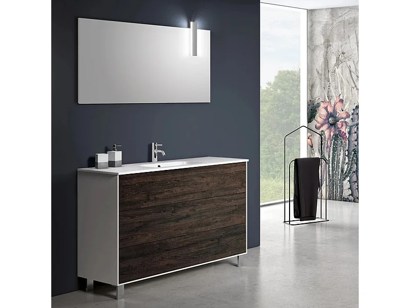 Ensemble meuble de salle de bain 3 tiroirs bois blanc et marron et miroir à LED Lago L 120cm 2
