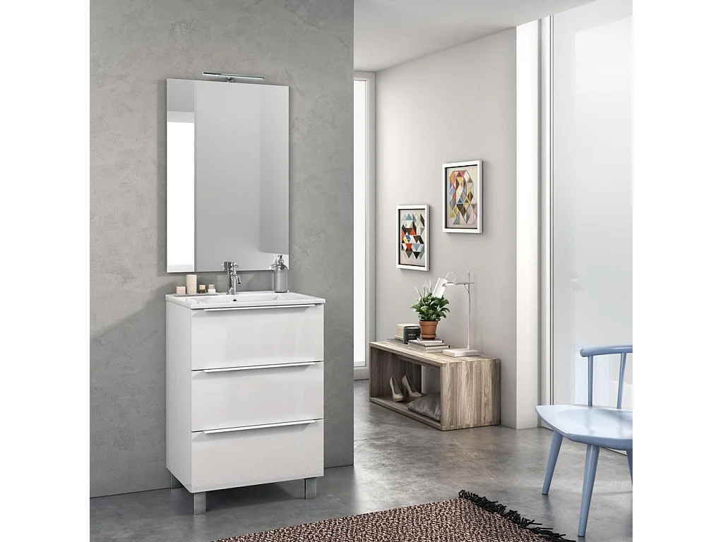 Ensemble meuble de salle de bain 3 tiroirs laqué blanc brillant et miroir lumineux Malo L 60cm