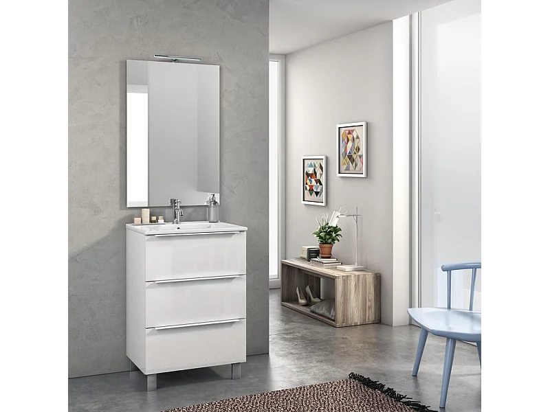 Ensemble meuble de salle de bain 3 tiroirs laqué blanc brillant et miroir lumineux Malo L 60cm