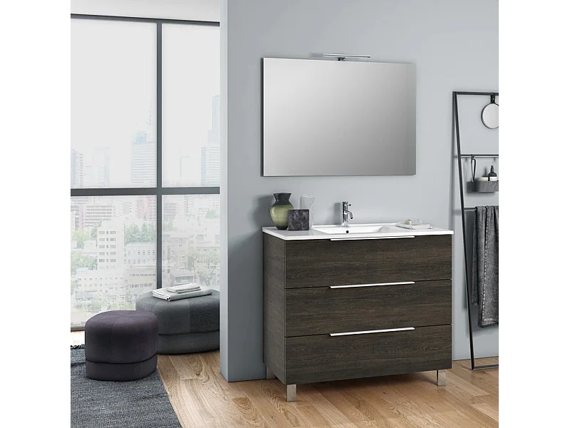 Ensemble meuble de salle de bain 3 tiroirs marron foncé et miroir à LED Mola L 80cm