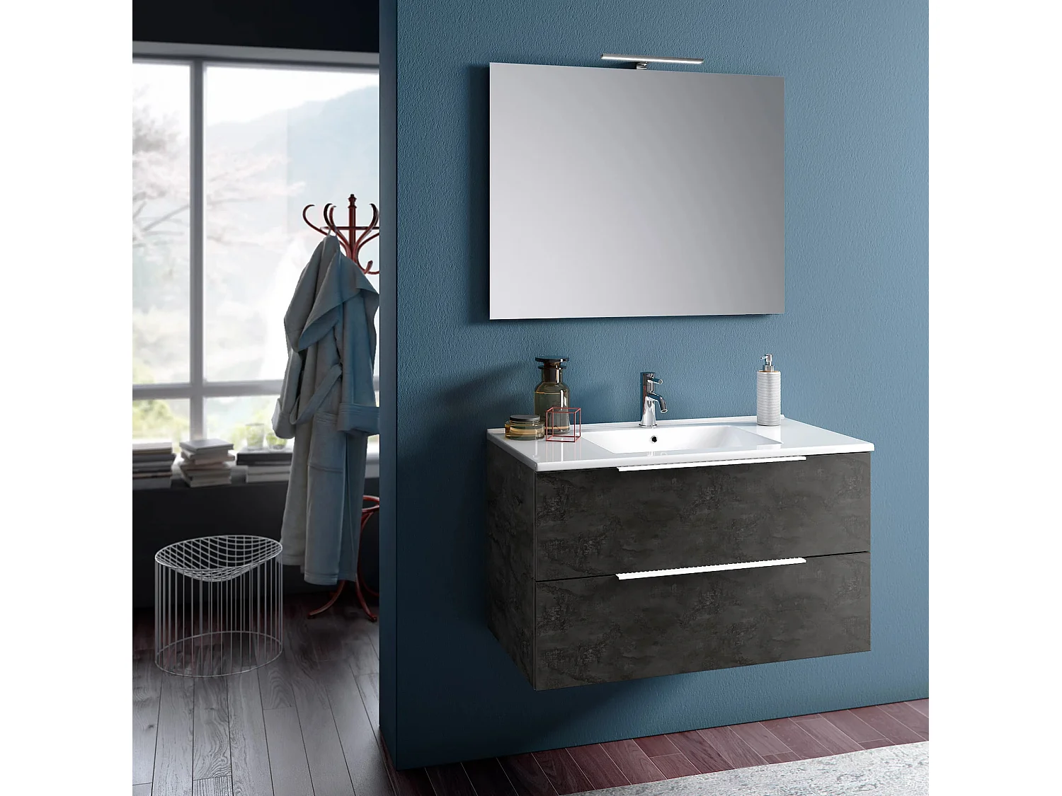 Ensemble meuble de salle de bain 2 tiroirs gris oxyde et miroir à LED Mola L 100cm