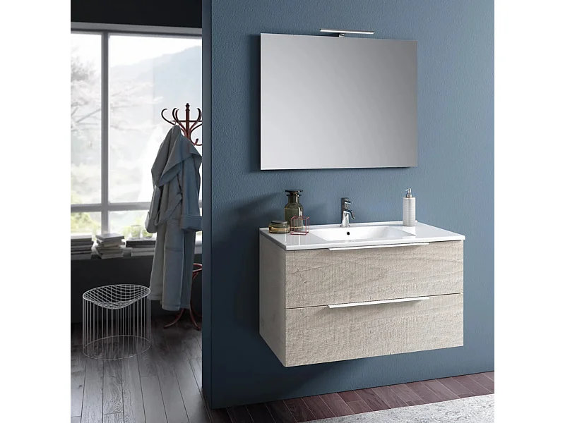 Ensemble meuble de salle de bain 2 tiroirs gris clair et miroir à LED Mola L 100cm