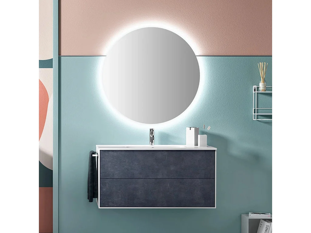 Ensemble meuble de salle de bain 2 tiroirs laqué blanc et bleu gris et miroir lumineux Lago L 100cm 2