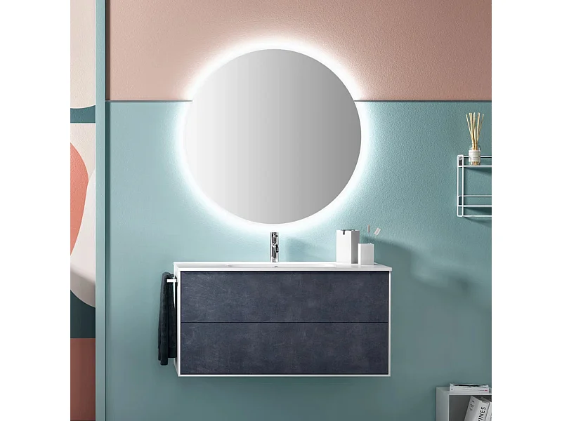 Ensemble meuble de salle de bain 2 tiroirs laqué blanc et bleu gris et miroir lumineux Lago L 100cm 2