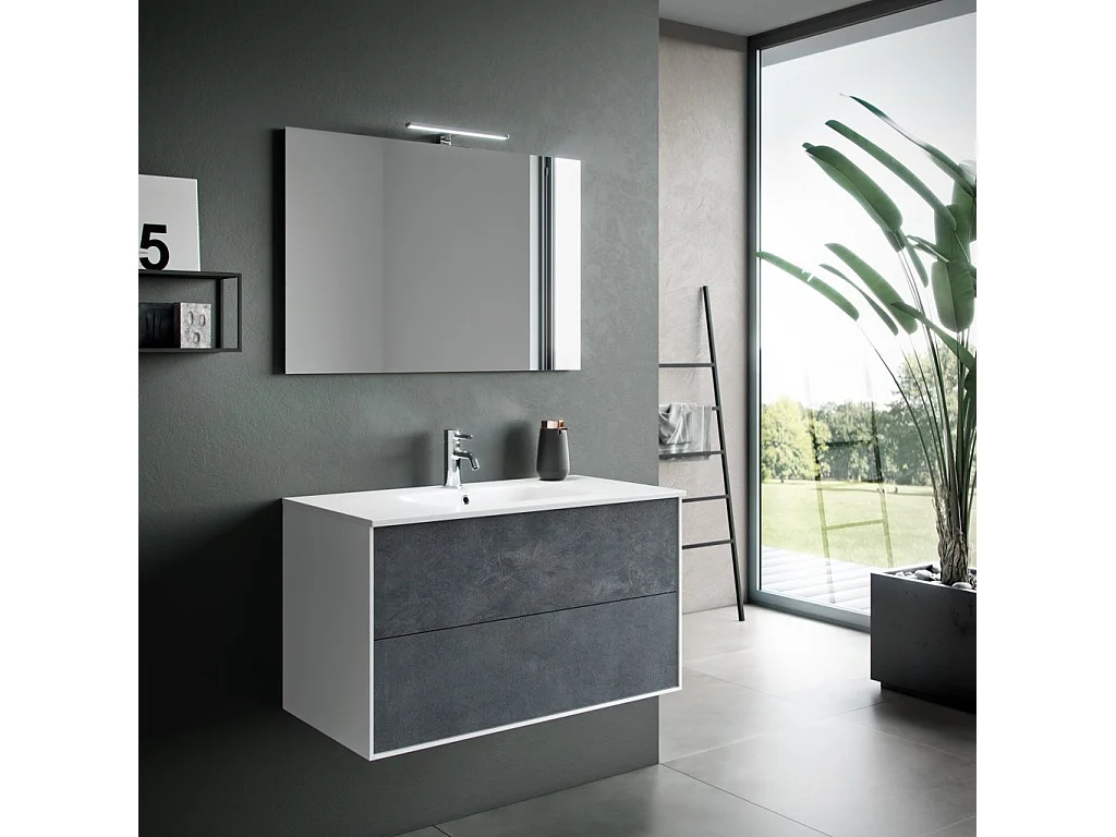 Ensemble meuble de salle de bain 2 tiroirs laqué blanc et bleu effet pierre et miroir à LED Oga L 90cm