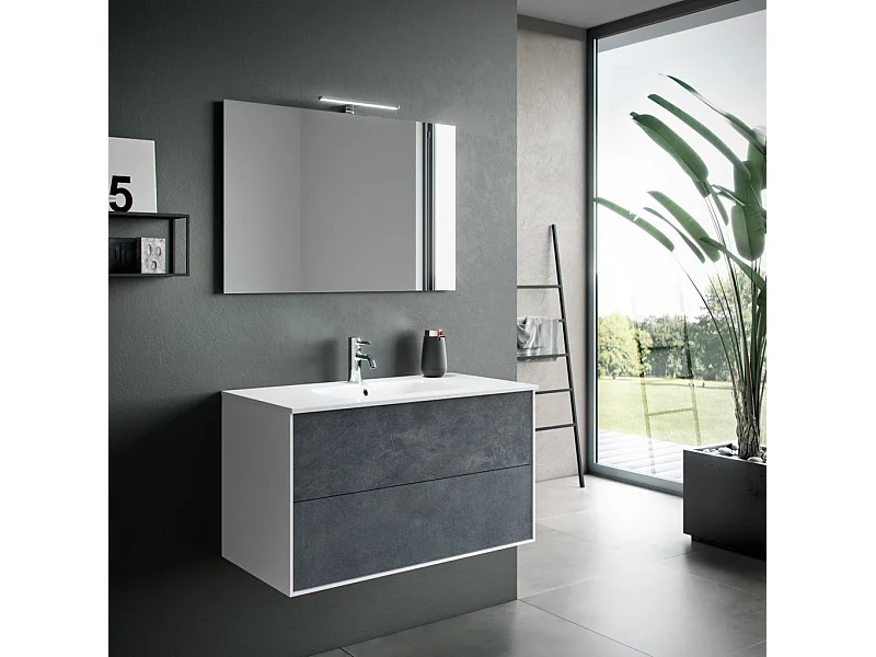 Ensemble meuble de salle de bain 2 tiroirs laqué blanc et bleu effet pierre et miroir à LED Oga L 90cm