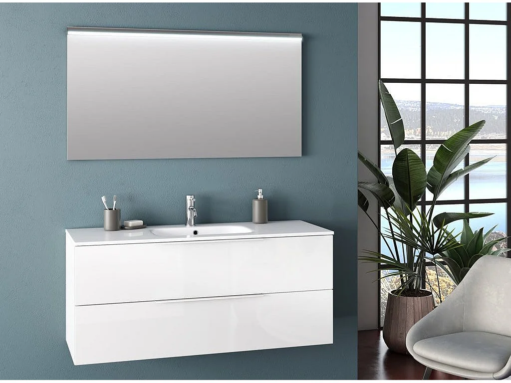 Ensemble meuble de salle de bain 2 tiroirs laqué blanc et miroir lumineux Molam L 120cm