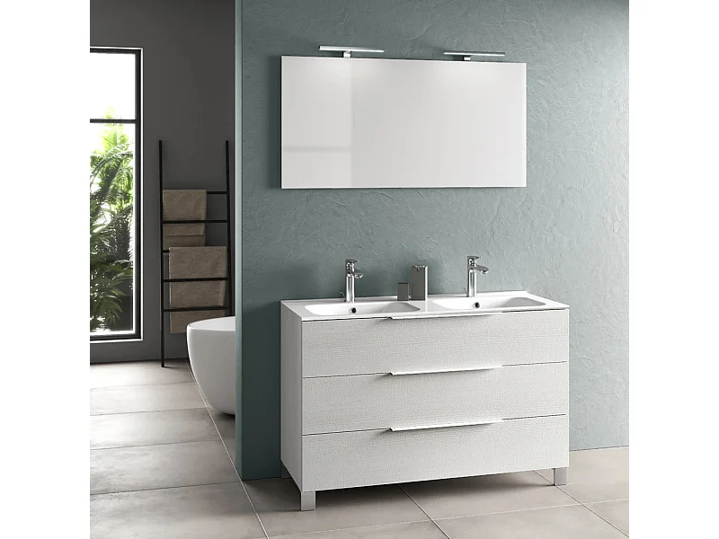 Ensemble meuble de salle de bain 3 tiroirs blanc double vasque et miroir à LED Molma L 120cm