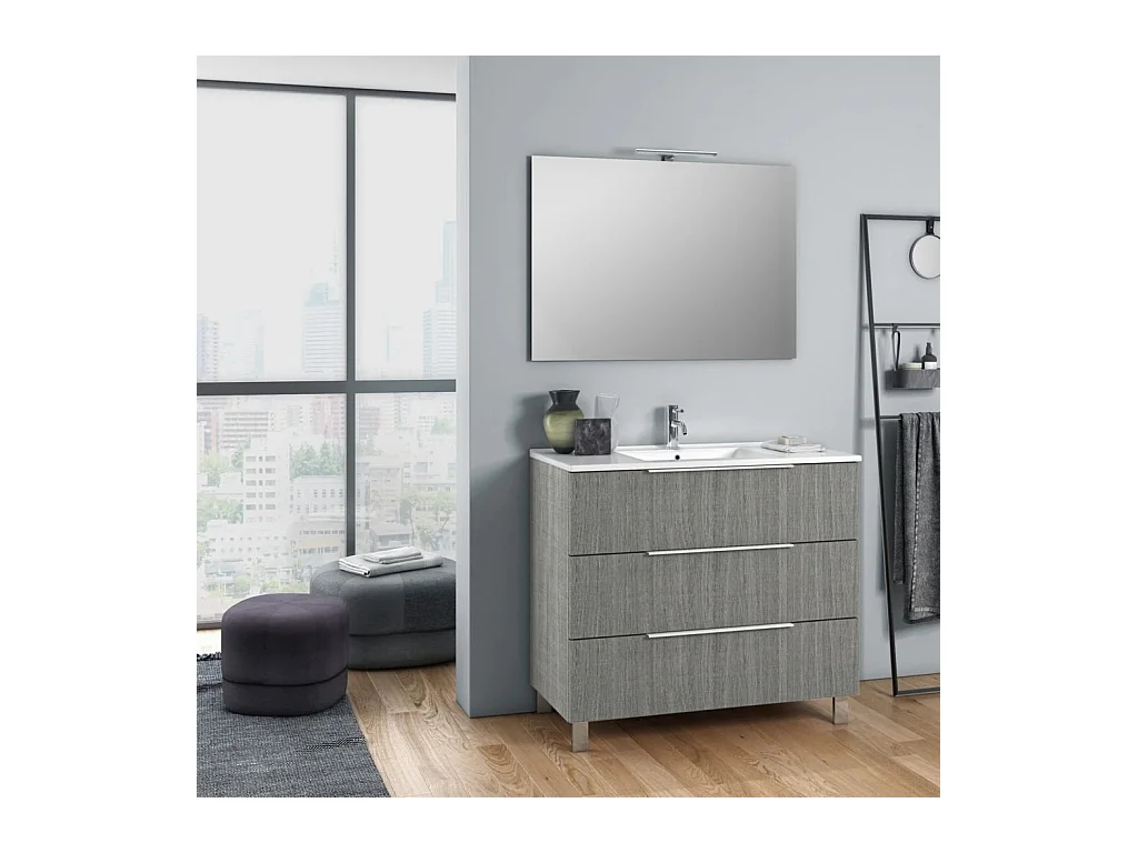 Ensemble meuble de salle de bain 3 tiroirs bois gris et miroir à LED Mola L 80cm