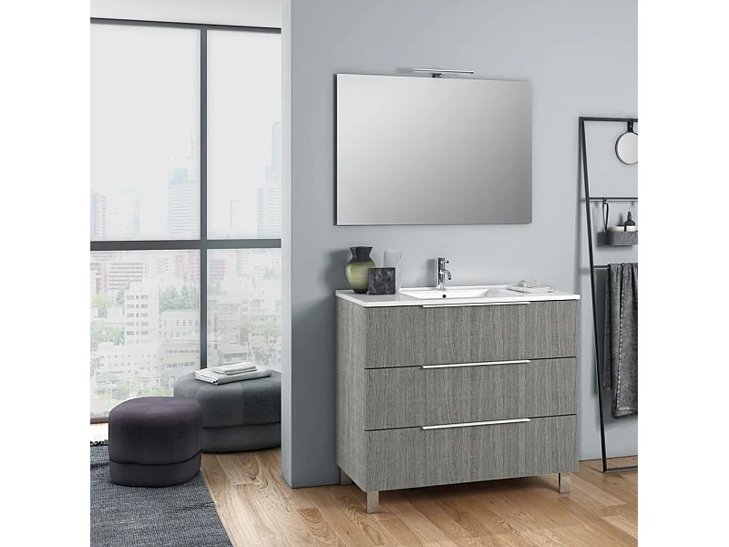 Ensemble meuble de salle de bain 3 tiroirs bois gris et miroir à LED Mola L 80cm
