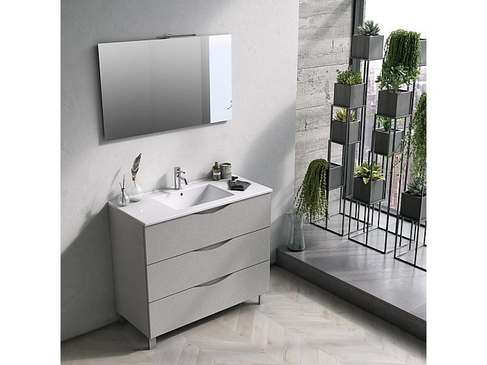 Ensemble meuble de salle de bain 3 tiroirs blanc effet pierre et miroir