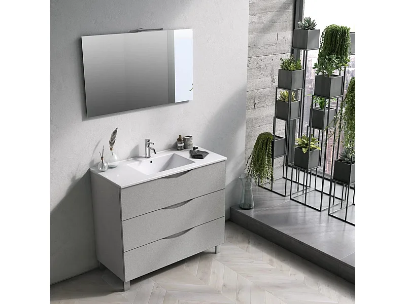 Ensemble meuble de salle de bain 3 tiroirs blanc effet pierre et miroir à LED Olo L 100cm