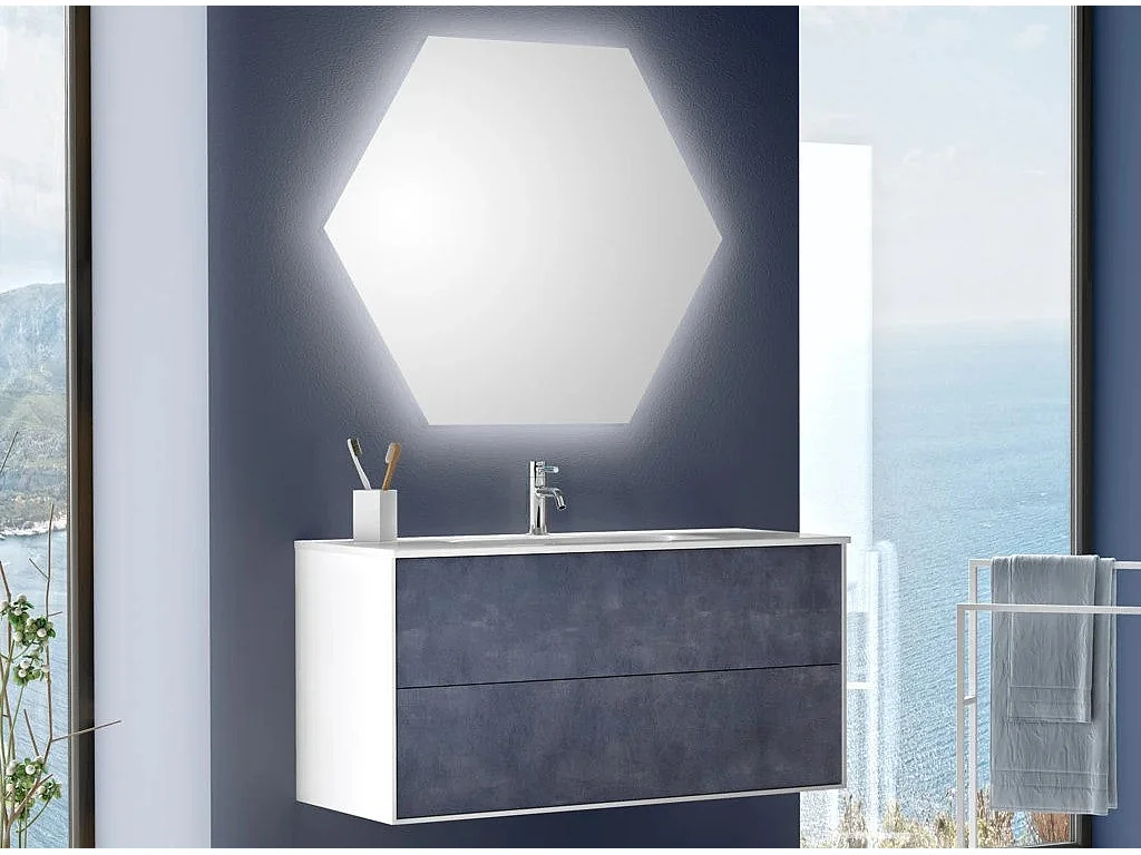 Ensemble meuble de salle de bain 2 tiroirs laqué blanc et bleu gris et miroir lumineux Lago L 100cm