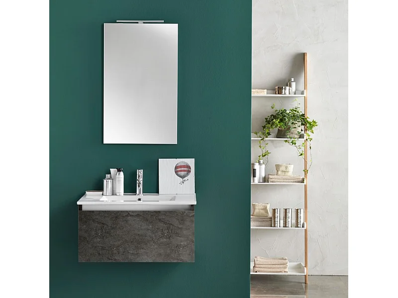 Ensemble meuble de salle de bain 1 tiroir bois gris oxyde et miroir lumineux Teph L 70cm