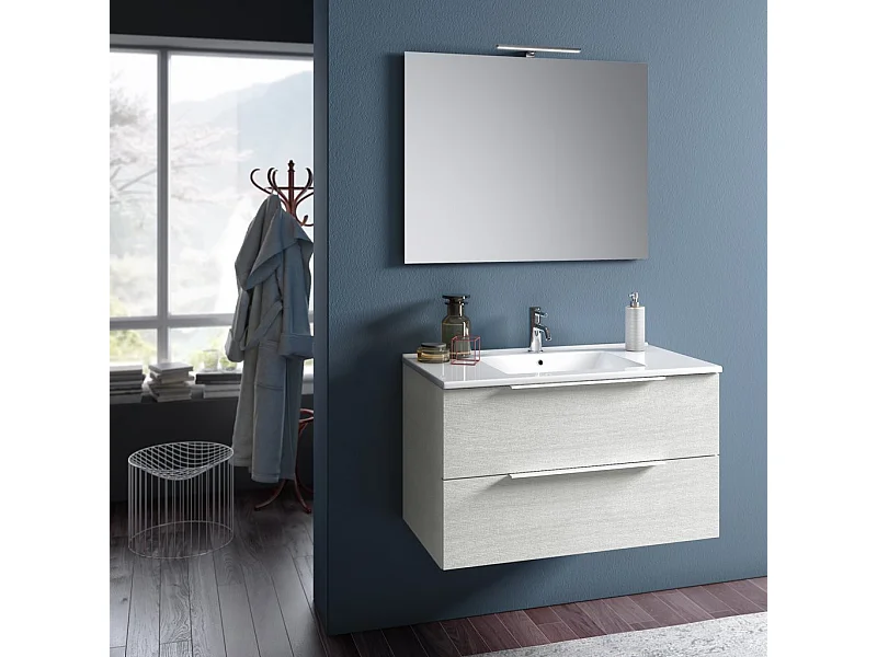 Ensemble meuble de salle de bain 2 tiroirs bois blanc et miroir à LED Mola L 90cm