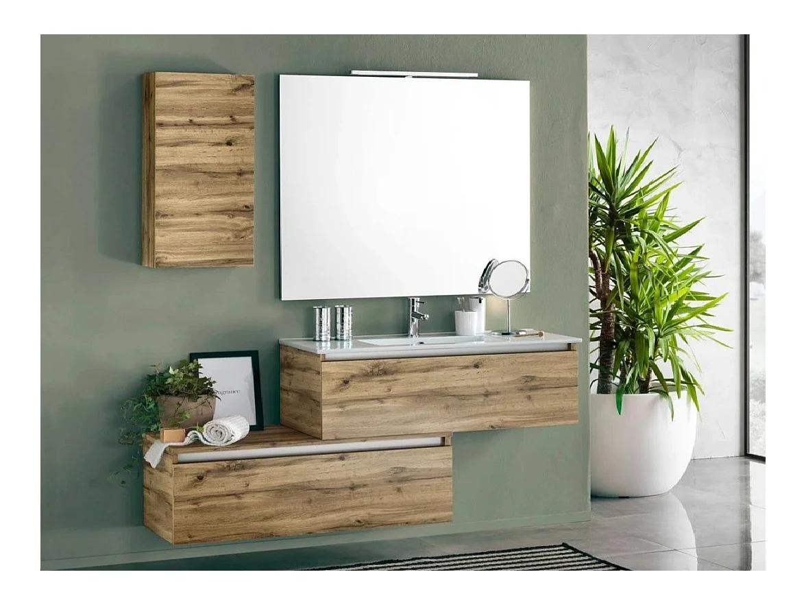 Ensemble meuble de salle de bain 2 tiroirs 1 armoire chêne clair et miroir à LED Teph L 150cm