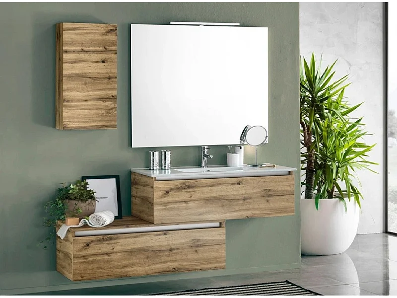 Ensemble meuble de salle de bain 2 tiroirs 1 armoire chêne clair et miroir à LED Teph L 150cm