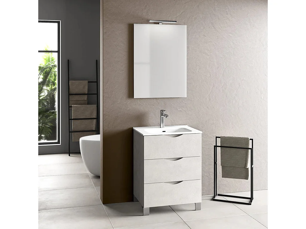 Ensemble meuble de salle de bain 3 tiroirs blanc et miroir lumineux Olo L 60cm