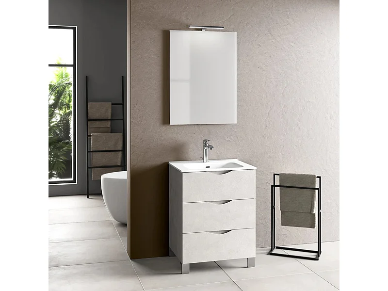 Ensemble meuble de salle de bain 3 tiroirs blanc et miroir lumineux Olo L 60cm