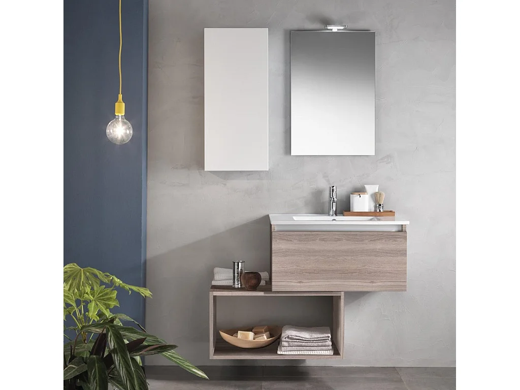 Ensemble meuble de salle de bain 1 étagère 1 armoire bois clair et miroir lumineux Teph L 70cm