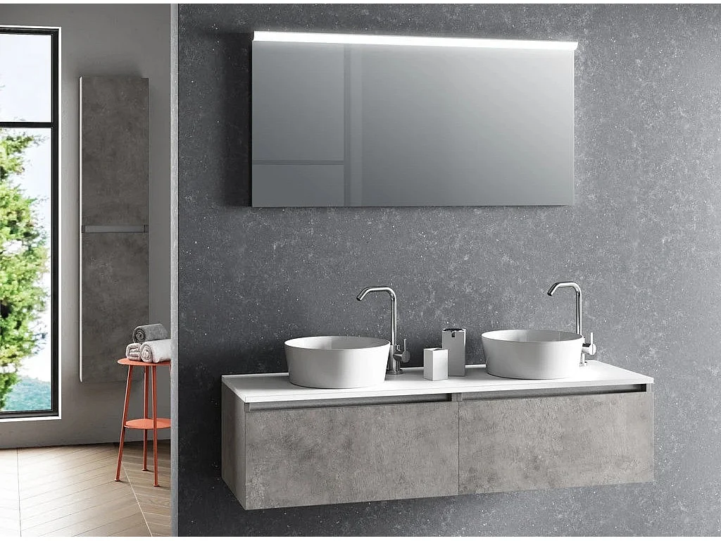 Ensemble meuble de salle de bain effet béton 2 tiroirs double vasque et miroir lumineux Teph L 140cm