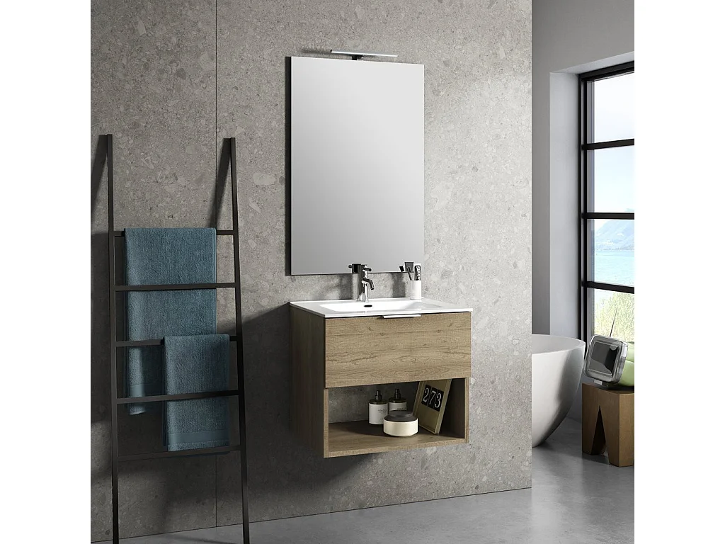 Ensemble meuble de salle de bain 1 tiroir bois chêne clair et miroir lumineux Noe L 60cm