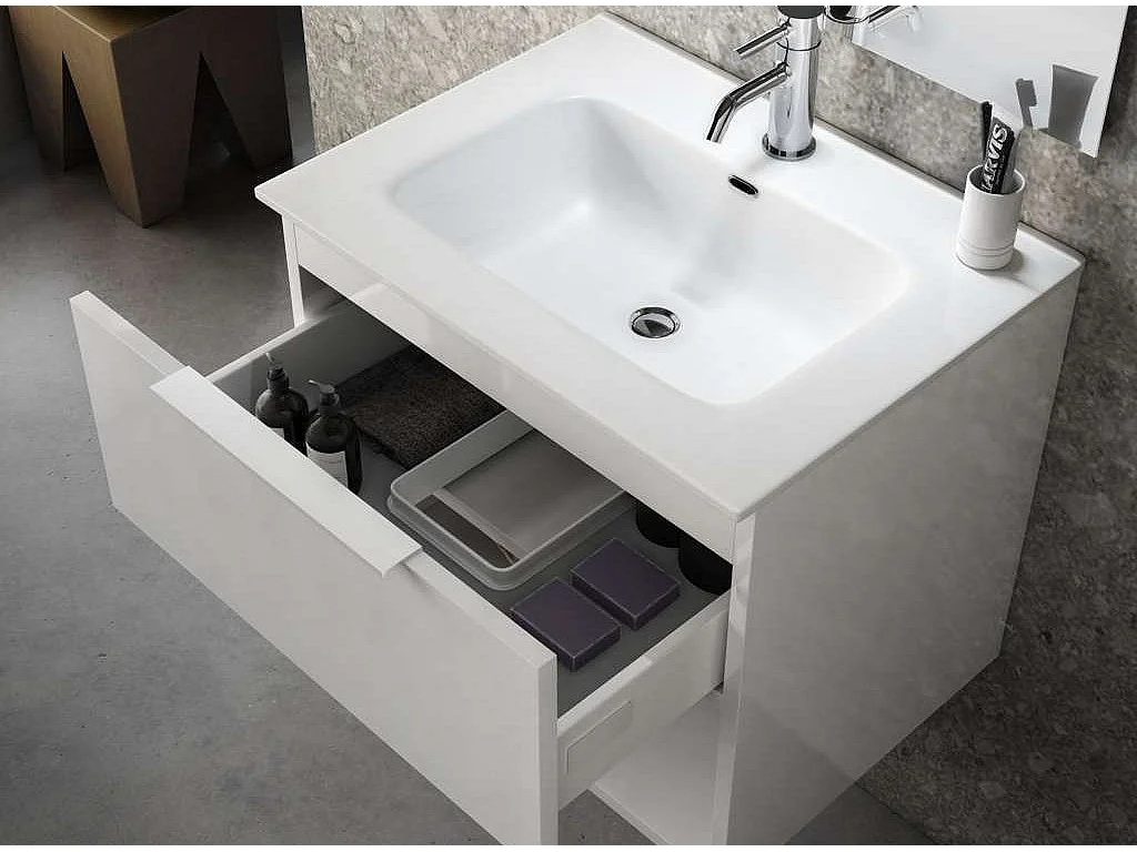 Ensemble meuble de salle de bain 1 tiroir bois chêne clair et miroir lumineux Noe L 60cm