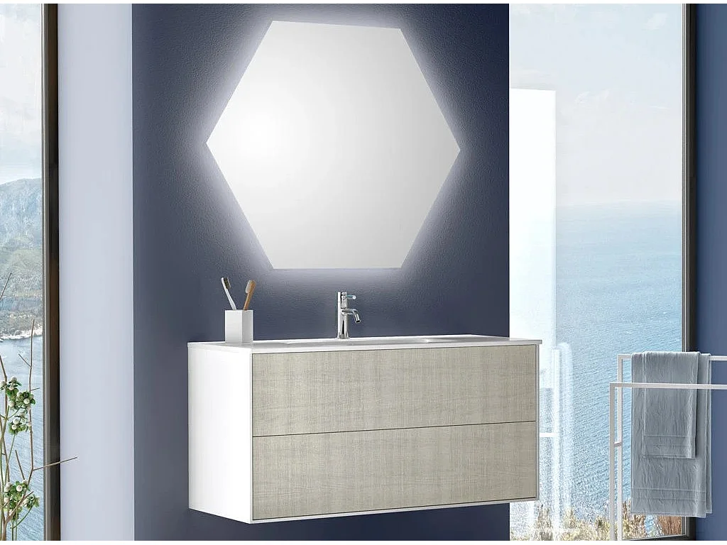 Ensemble meuble de salle de bain 2 tiroirs laqué blanc et beige et miroir lumineux Lago L 100cm