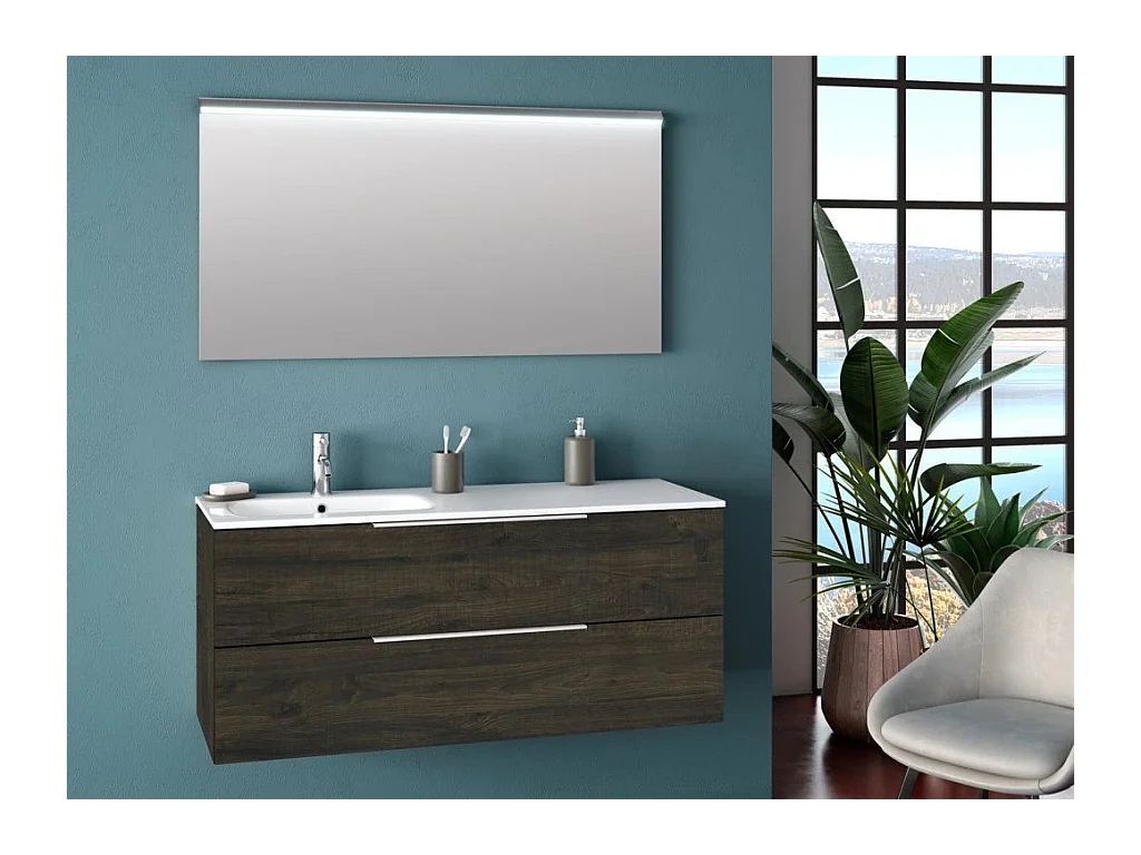 Ensemble meuble de salle de bain 2 tiroirs marron foncé et miroir à LED Mola L 120cm