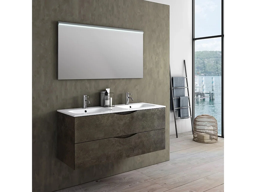 Ensemble meuble de salle de bain 2 tiroirs marron double vasque et miroir lumineux Olo L 120cm
