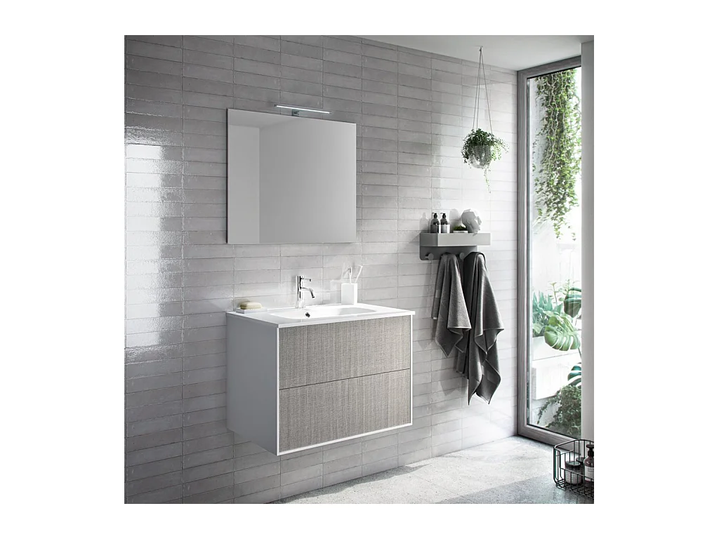Ensemble meuble de salle de bain 2 tiroirs laqué blanc et gris et miroir à LED Oga L 80cm
