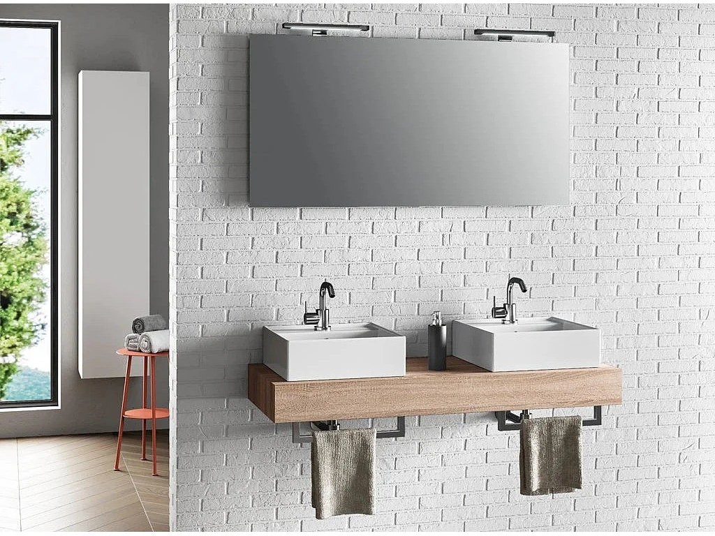 Ensemble meuble de salle de bain bois clair double vasque et miroir à LED Kyo L 120cm