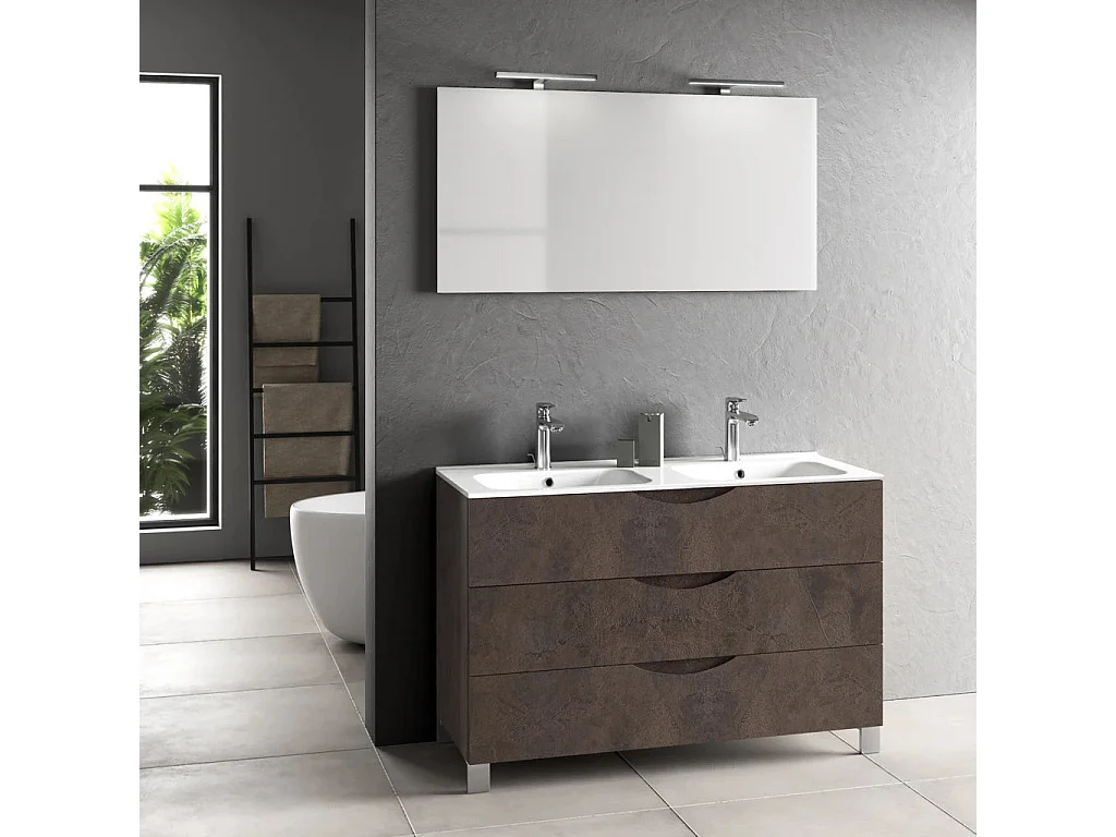 Ensemble meuble de salle de bain 3 tiroirs marron effet pierre double vasque et miroir à LED Olo L 120cm