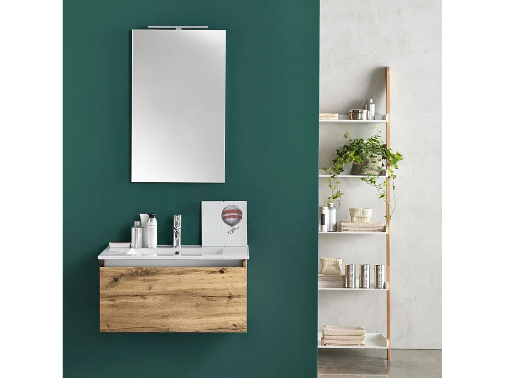Ensemble meuble de salle de bain 1 tiroir bois chêne clair et miroir lumineux Teph L 70cm