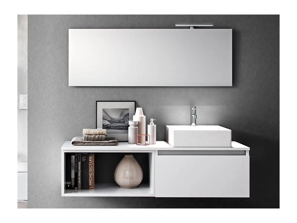 Ensemble meuble de salle de bain 1 tiroir blanc mat avec étagère et miroir à LED Teph L 140cm