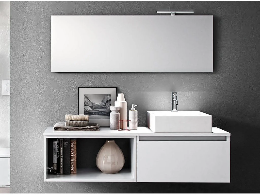 Ensemble meuble de salle de bain 1 tiroir blanc mat avec étagère et miroir à LED Teph L 140cm