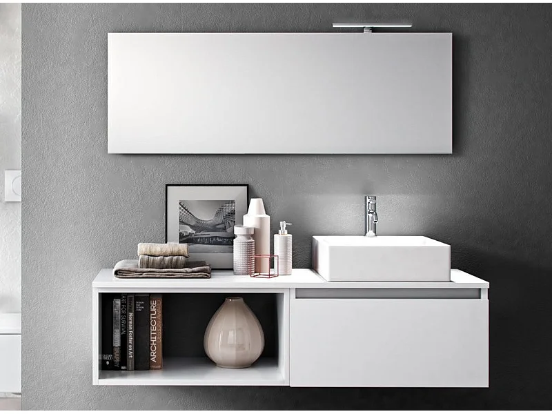 Ensemble meuble de salle de bain 1 tiroir blanc mat avec étagère et miroir à LED Teph L 140cm