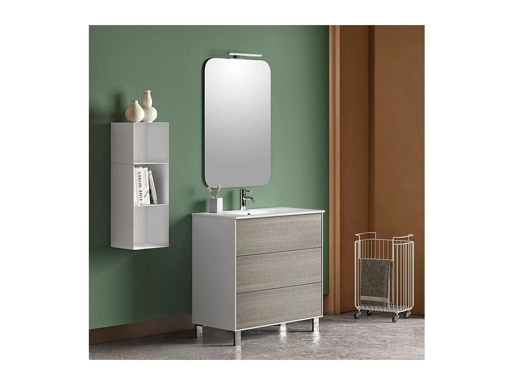 Ensemble meuble de salle de bain 3 tiroirs laqué blanc et gris et miroir lumineux Lago L 80cm