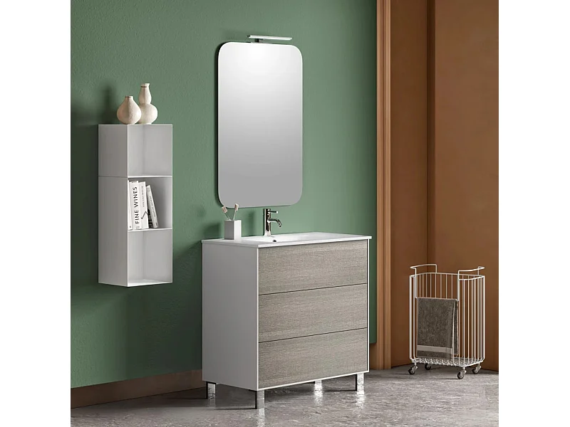 Ensemble meuble de salle de bain 3 tiroirs laqué blanc et gris et miroir lumineux Lago L 80cm