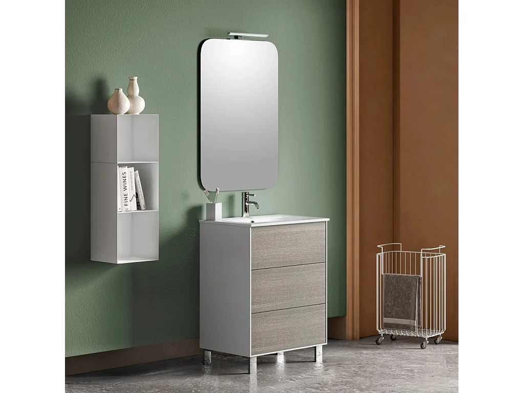 Ensemble meuble de salle de bain 3 tiroirs laqué blanc et gris et miroir lumineux Lago L 60cm