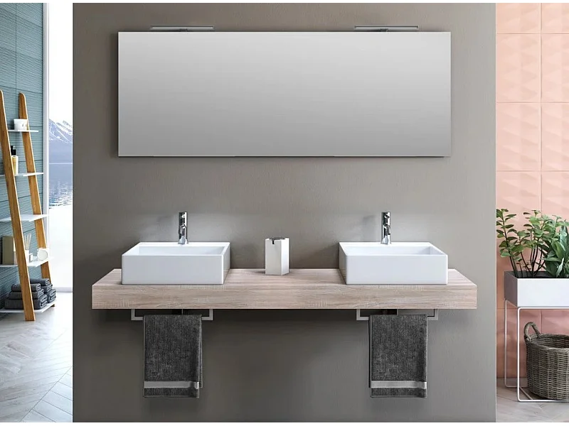 Ensemble meuble de salle de bain bois clair double vasque et miroir lumineux Kyo L 165cm