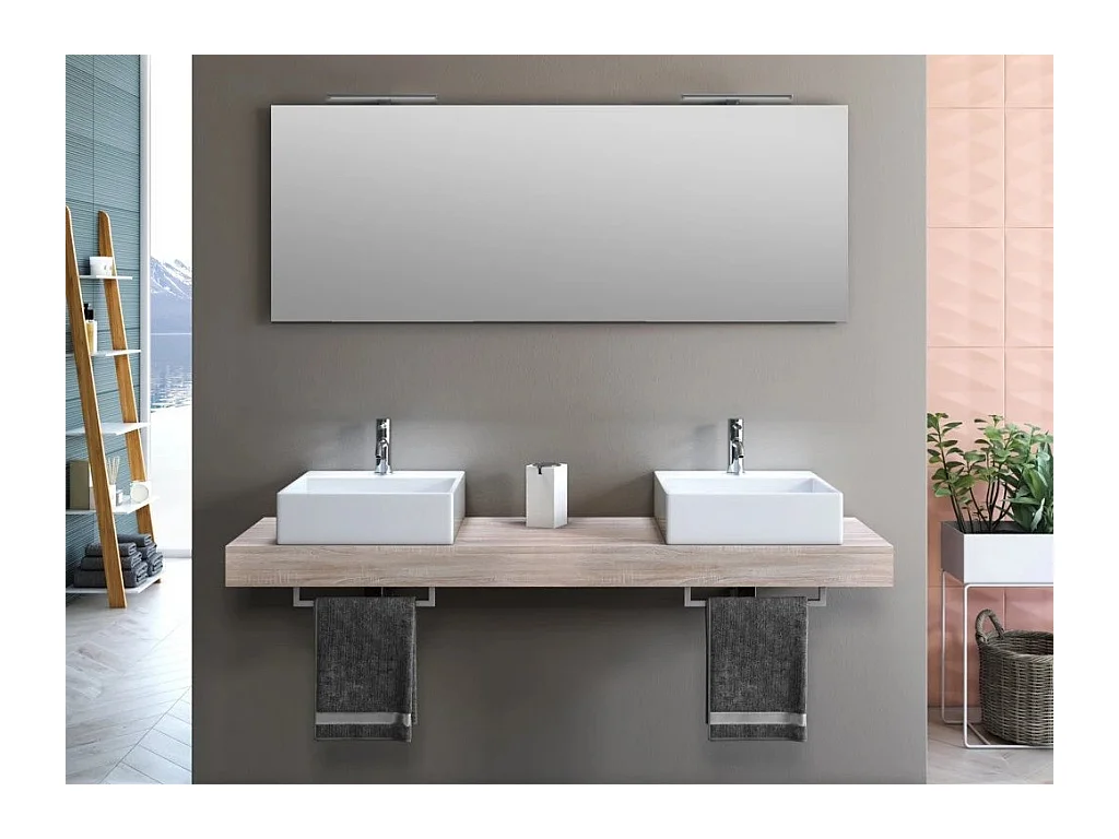 Ensemble meuble de salle de bain bois clair double vasque et miroir lumineux Kyo L 165cm