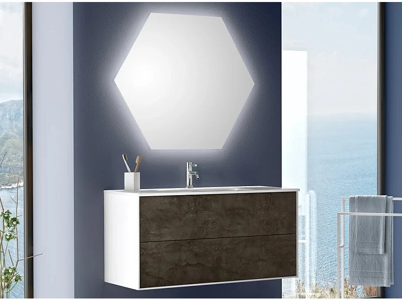 Ensemble meuble de salle de bain 2 tiroirs laqué blanc et gris oxyde et miroir lumineux Lago L 100cm