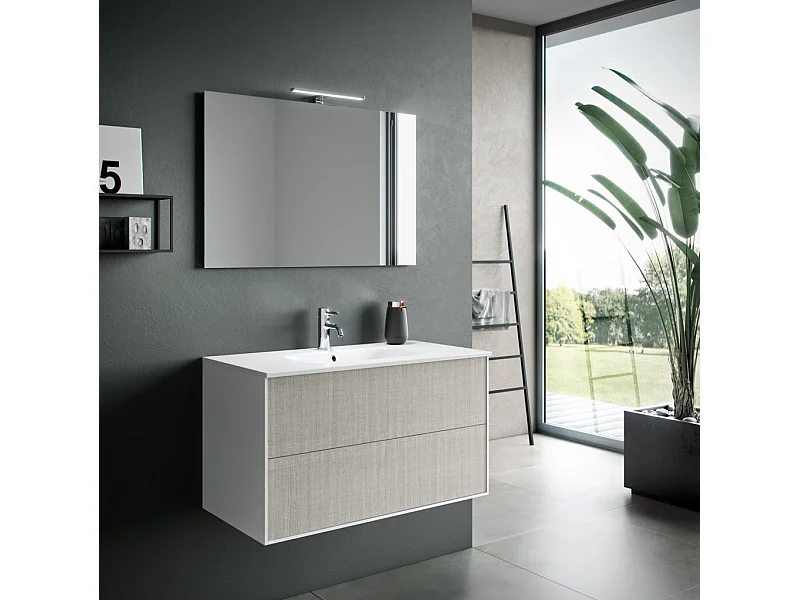 Ensemble meuble de salle de bain 2 tiroirs laqué blanc et beige et miroir à LED Oga L 90cm
