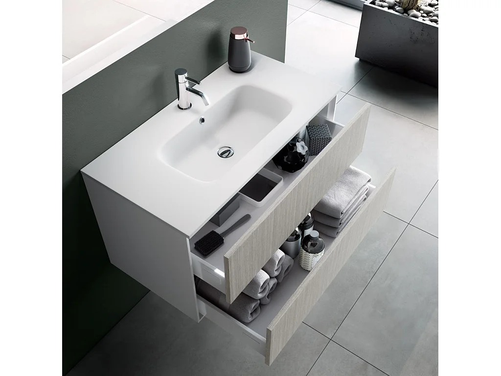 Ensemble meuble de salle de bain 2 tiroirs laqué blanc et beige et miroir à LED Oga L 90cm