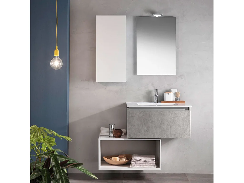 Ensemble meuble de salle de bain 1 étagère 1 armoire effet béton et laqué blanc et miroir lumineux Teph L 70cm