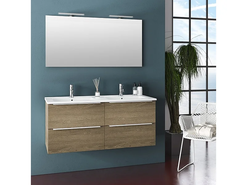 Ensemble meuble de salle de bain 4 tiroirs bois chêne clair et miroir à LED Malo L 120cm